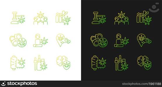 Marijuana plant use gradient icons set for dark and light mode. Cannabis laws. Herbal medicine. Thin line contour symbols bundle. Isolated vector outline illustrations collection on black and white. Marijuana plant use gradient icons set for dark and light mode