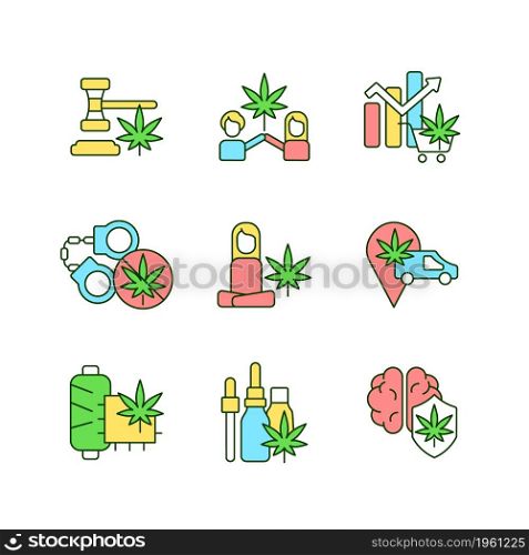 Marijuana plant use RGB color icons set. Cannabis laws. Herbal medicine. Hemp fabric. Mental health benefits. Isolated vector illustrations. Simple filled line drawings collection. Editable stroke. Marijuana plant use RGB color icons set
