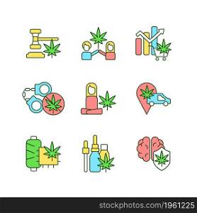 Marijuana plant use RGB color icons set. Cannabis laws. Herbal medicine. Hemp fabric. Mental health benefits. Isolated vector illustrations. Simple filled line drawings collection. Editable stroke. Marijuana plant use RGB color icons set