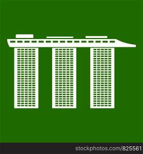 Marina Bay Sands Hotel, Singapore icon white isolated on green background. Vector illustration. Marina Bay Sands Hotel, Singapore icon green