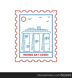 MARINA BAY SANDS postage stamp Blue and red Line Style, vector illustration