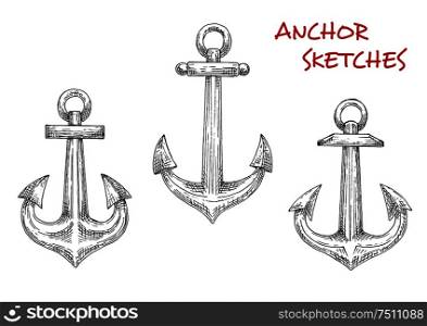 Marine anchors isolated sketch icons with admiralty or fisherman old anchors. Great for nautical emblem, navy heraldry or marine adventure design . Old marine anchors hand drawn sketches