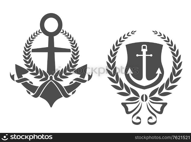 Marine anchors with ribbons and laurel wreathes for heraldry design