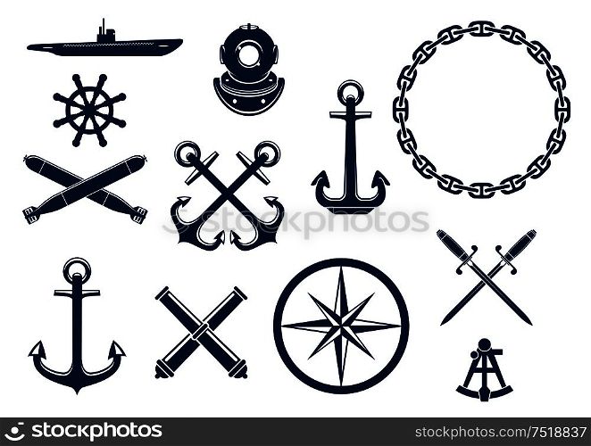 Marine and nautical flat icons and symbols set. Vector emblem blue elements of anchor, chain, steering wheel, submarine, sextant, bombs, cannons, swords.. Marine and nautical icons set