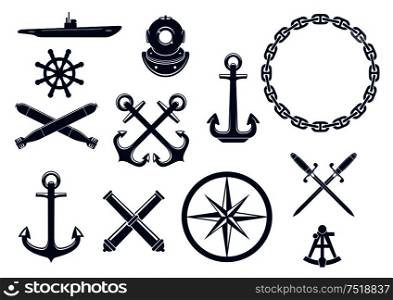 Marine and nautical flat icons and symbols set. Vector emblem blue elements of anchor, chain, steering wheel, submarine, sextant, bombs, cannons, swords.. Marine and nautical icons set