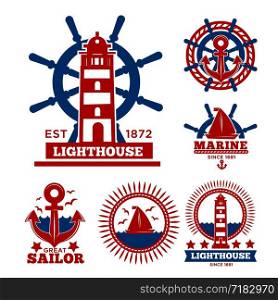 Marine and nautical logo templates or heraldic symbols. Vector isolated icons of ship anchor, helm and captain spyglass, sailing lighthouse or life buoy and sailboat trident or seafarer compass. Marine and nautical logo templates or heraldic symbols.