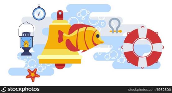 Marine and nautical theme, lifebuoy and fish, timer clock and lantern, bell for alarms and seastar ocean or sea creature. Summer and vacation, leisure and rest. Vector in flat style illustration. Nautical and marine theme, fish with lifebuoy