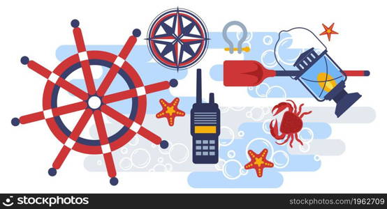 Marine and nautical theme, wheel of ship vessel, compass showing way, radio and lantern with light. Aquatic creatures underwater dwellers. crab and sea star. Vector in flat style illustration. Nautical themed symbols, wheel and compass vector