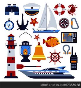Marine and nautical vector flat icons. Isolated symbols of sailor ship anchor and helm, captain hat and lighthouse, sailboat and lifebuoy, seafarer boat and compass or paddle. Marine and nautical vector flat icons