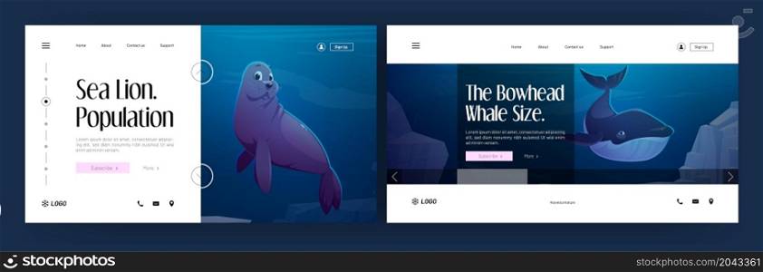 Marine animals banner. Sea lion population and bowhead whale size landing pages. Vector website of ocean mammals with cartoon illustration of seal and whale swim underwater. Marine animals banners, sea lion and bowhead whale