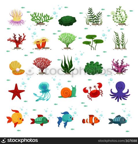 Marine animals, fishes collection and underwater plants. Aqua wild fauna. Vector illustration. Fish and fauna underwater, nature octopus and sea snail. Marine animals, fishes collection and underwater plants. Aqua wild fauna. Vector illustration