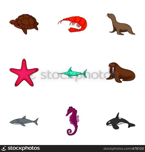 Marine animals from red book icons set. Cartoon set of 9 marine animals from red book vector icons for web isolated on white background. Marine animals from red book icons set