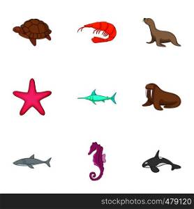 Marine animals from red book icons set. Cartoon set of 9 marine animals from red book vector icons for web isolated on white background. Marine animals from red book icons set