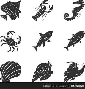 Marine animals glyph icons set. Swimming shark, anglerfish. Underwater creature. Aquatic organism. Seafood restaurant. Lobster, crab, tuna. Silhouette symbols. Vector isolated illustration