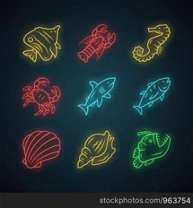 Marine animals neon light icons set. Swimming shark, anglerfish, butterflyfish. Underwater creature. Aquatic organism. Seafood restaurant. Lobster, tuna. Glowing signs. Vector isolated illustrations