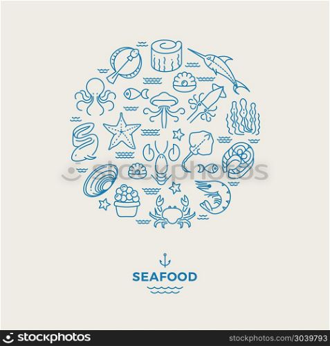 Marine animals, seafood thin line icons in circle design. Restaurant modern logo. Marine animals, seafood thin line icons in circle design. Seafood restaurant modern logo. Lobster and crab, shrimp and salmon. Vector illustration