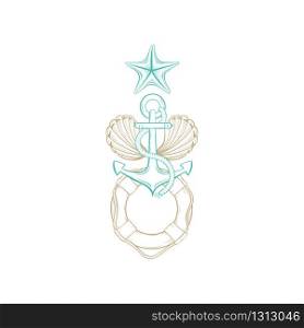 Marine art design, vector gold line seashell, ship anchor with rope, starfish and buoy abstract symbol. Nautical line art style sketch drawing in turquoise and gold etching for t-shirt print. Marine anchor, seashell, starfish, sea line art