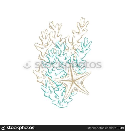 Marine art line composition of ocean corals and sea starfish, vector line art design. Tropical paradise and underwater sea life abstract elements in gold and turquoise color sketch hatching lines. Sea starfish and corals, marine line art design