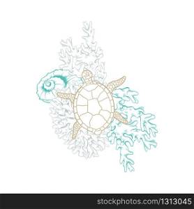 Marine art line design, vector sea turtle in mosaic style, sketch corals and starfish. Ocean and sea water life, tropical paradise and nautical line drawing composition in gold and turquoise color. Marine golden line art, seashell, turtle and coral