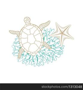 Marine art line design, vector sea turtle in mosaic style, sketch corals and starfish. Ocean and sea water life, tropical paradise and nautical line drawing composition in gold and turquoise color. Marine golden line art, seashell, turtle and coral