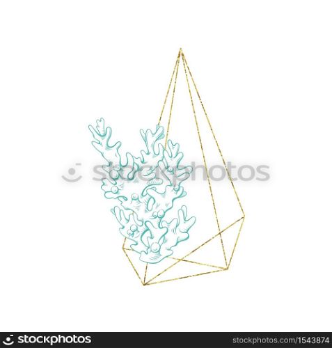 Marine art wreath, sea and ocean corals sketch line, vector gold geometric frame. Turquoise underwater reef corals on white background for wedding, summer travel and tropical vacations design. Marine sketch line art, coral in gold wreath frame