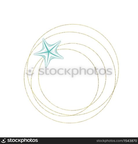 Marine art wreath, seastar and ocean seashell sketch circles, vector gold geometric frame. Turquoise underwater reef corals on white background for wedding, summer travel and tropical vacations design. Marine sketch line art, seastar in gold wreath frame