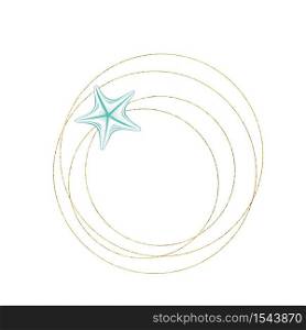 Marine art wreath, seastar and ocean seashell sketch circles, vector gold geometric frame. Turquoise underwater reef corals on white background for wedding, summer travel and tropical vacations design. Marine sketch line art, seastar in gold wreath frame
