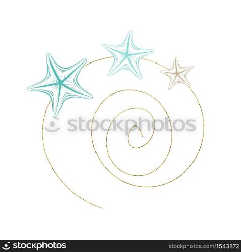 Marine art wreath, seastar and ocean seashell spiral line, vector gold geometric frame. Turquoise underwater reef corals on white background for wedding, summer travel and tropical vacations design. Marine sketch line art, seastar in gold wreath frame