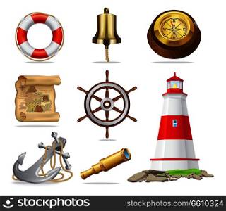 Marine attributes set of isolated vector illustrations, which includes lifebuoy, gold bell and compass, ancient map, steering wheel, iron anchor, small spyglass and red and white lighthouse.. Marine Attributes Set of Isolated Illustrations