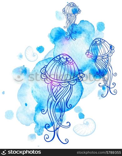 Marine background with jellyfish and blue watercolor blots