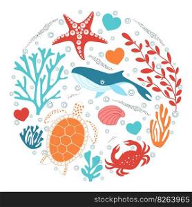 marine background with whale, turtle, crab and seaweed