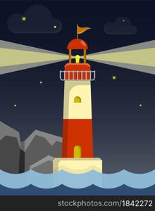 Marine coastal lighthouse illuminates night sea. Safe route in shipping area. Illustration in cartoon style. Vector
