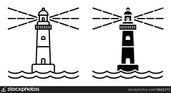 Marine coastal lighthouse. Safe route in shipping area. Simple black and white vector
