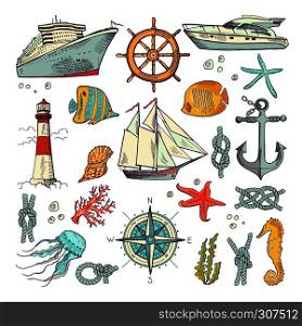 Marine coloring doodle set with different nautical elements, compass and lighthouse. Underwater animals vector set. Nautical sailboat and node of rope illustration. Marine coloring doodle set with different nautical elements, compass and lighthouse. Underwater animals vector set