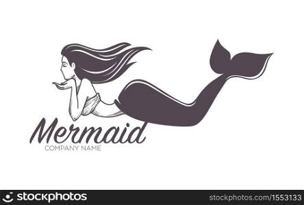 Marine company name mermaid swimming in sea girl in bra with fishtail isolated monochrome female character nautical firm fantastic creature siren symbol or corporate identity business emblem or logo. Mermaid swimming marine company name isolated icon