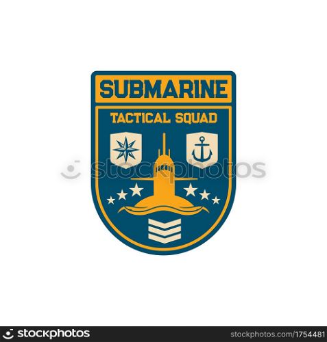 Marine division isolated submarine tactical squid with bacon searchlight tower, windrose and anchor, officer rank isolated military chevron. Vector special squad navy maritime forces patch on uniform. Submarine tactical squad with beacon tower anchor