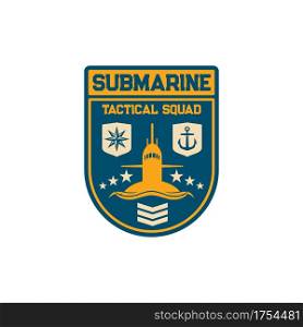Marine division isolated submarine tactical squid with bacon searchlight tower, windrose and anchor, officer rank isolated military chevron. Vector special squad navy maritime forces patch on uniform. Submarine tactical squad with beacon tower anchor