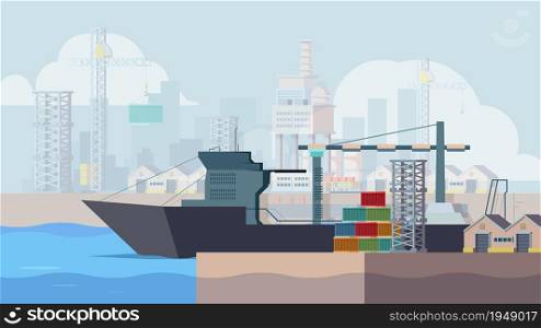 Marine docks. Cargo ship loading containers boat in seaport vector background. Container seaport, ship vessel cargo, sea transportation illustration. Marine docks. Cargo ship loading containers boat in seaport vector background