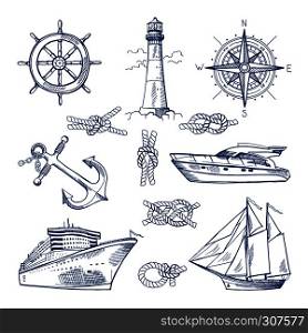 Marine doodles set with ships, boats and nautical anchors. Vector illustrations in hand drawn style. Ship and marine nautical boat doodle sketch. Marine doodles set with ships, boats and nautical anchors. Vector illustrations in hand drawn style