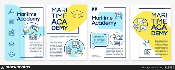 Marine education brochure template. Nautical college graduate. Flyer, booklet, leaflet print, cover design with linear icons. Vector layouts for magazines, annual reports, advertising posters