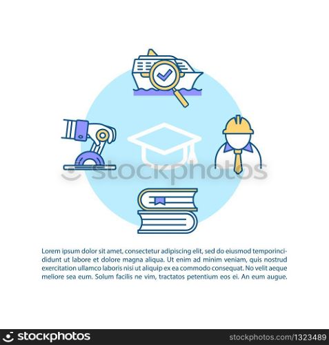 Marine engineering education concept icon with text. Maritime job training. Vessel maintenance worker. PPT page vector template. Brochure, magazine, booklet design element with linear illustrations