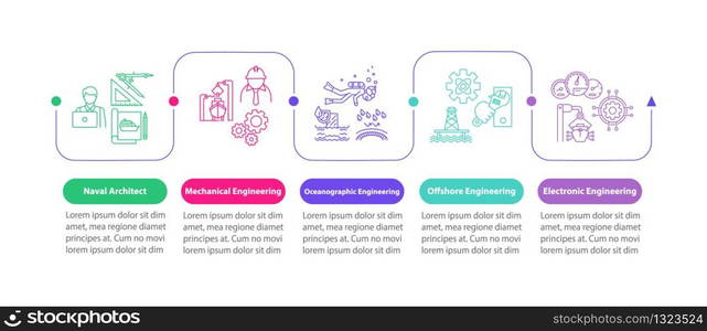 Marine engineering vector infographic template. Offshore research presentation design elements. Data visualization with 5 steps. Process timeline chart. Workflow layout with linear icons