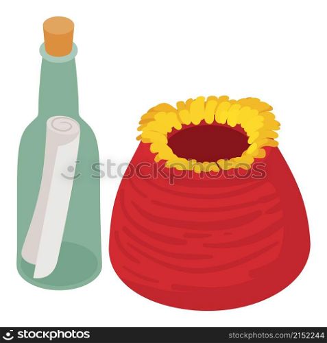Marine find icon isometric vector. Red tube giant sponge and message in bottle. Marine adventure, bottle with note. Marine find icon isometric vector. Red tube giant sponge and message in bottle