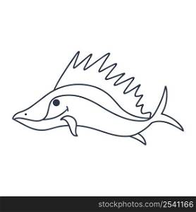 Marine fish predator with big fin vector doodle illustration. Silhouette of underwater character. Outline drawing ocean fish isolated