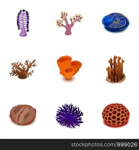 Marine flora icons set. Cartoon set of 9 marine flora vector icons for web isolated on white background. Marine flora icons set, cartoon style