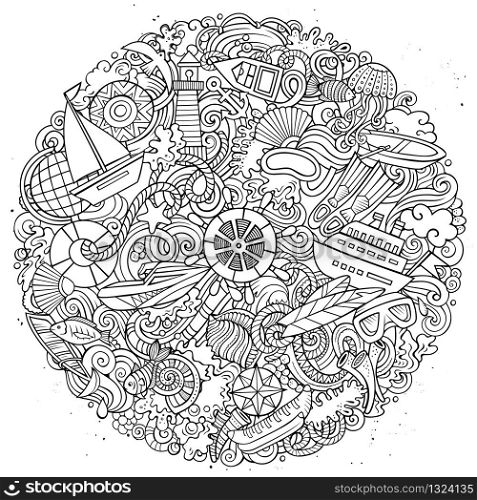 Marine hand drawn vector doodles illustration. Summer elements and objects cartoon background. Sketchy funny picture. All items are separated. Marine hand drawn vector doodles illustration. Color funny picture.