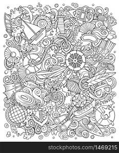 Marine hand drawn vector doodles illustration. Summer elements and objects cartoon background. Sketchy funny picture. All items are separated. Marine hand drawn vector doodles illustration. Color funny picture.