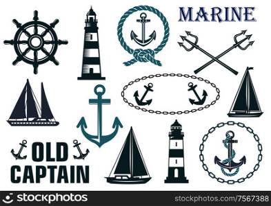 Marine heraldic elements set with anchors, lighthouse, yachts, sailboats, ropes and steering wheel