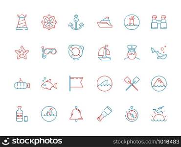Marine icon collection. Nautical sea or ocean symbols fish boat map navy yacht captain cap vector colored pictures. Illustration of anchor and yacht, submarine and bell, transport vessel. Marine icon collection. Nautical sea or ocean symbols fish boat map navy yacht captain cap vector colored pictures
