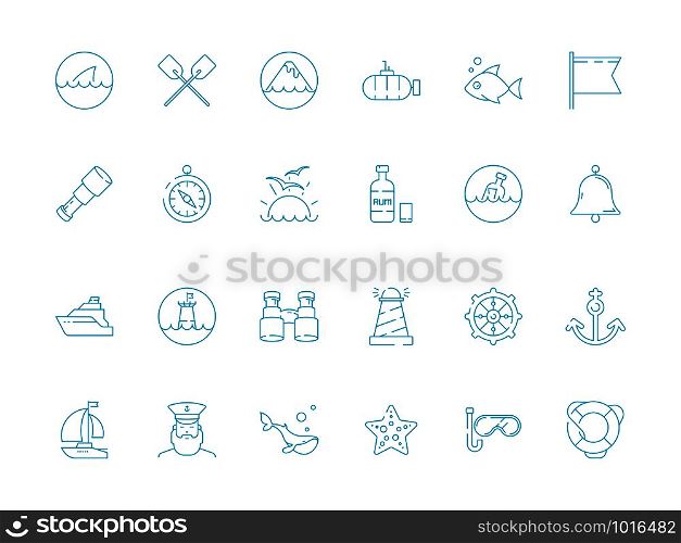 Marine icon. Nautical symbols sailing knot rope sea fish sailing boat ship vector thin pictures. Marine boat and fish, yacht and submarine icons illustration. Marine icon. Nautical symbols sailing knot rope sea fish sailing boat ship vector thin pictures